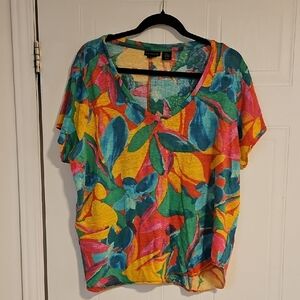 Tahari Shirt Womens Size 2X plus size Tropical Colored Flowers 100% Linen